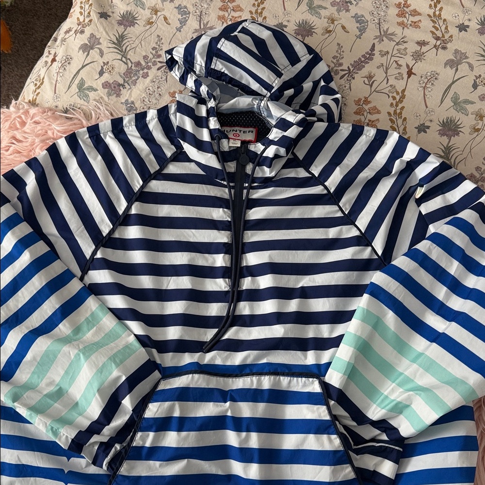 Hunter for Target Womens Striped Blue Half Zip Hooded Rain Jacket Pullover